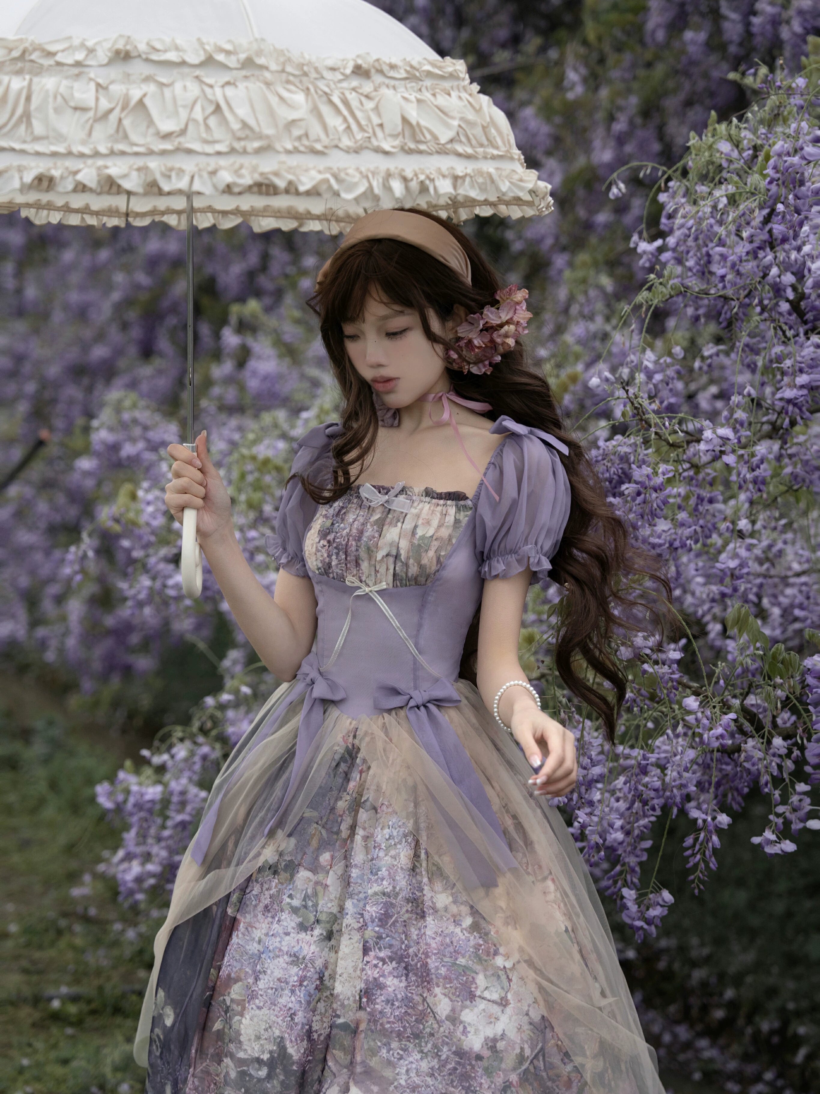 Cyan Lolita - Blooming Tree Shade - Elegant Lolita OP Oil Painting Print Bow Dress