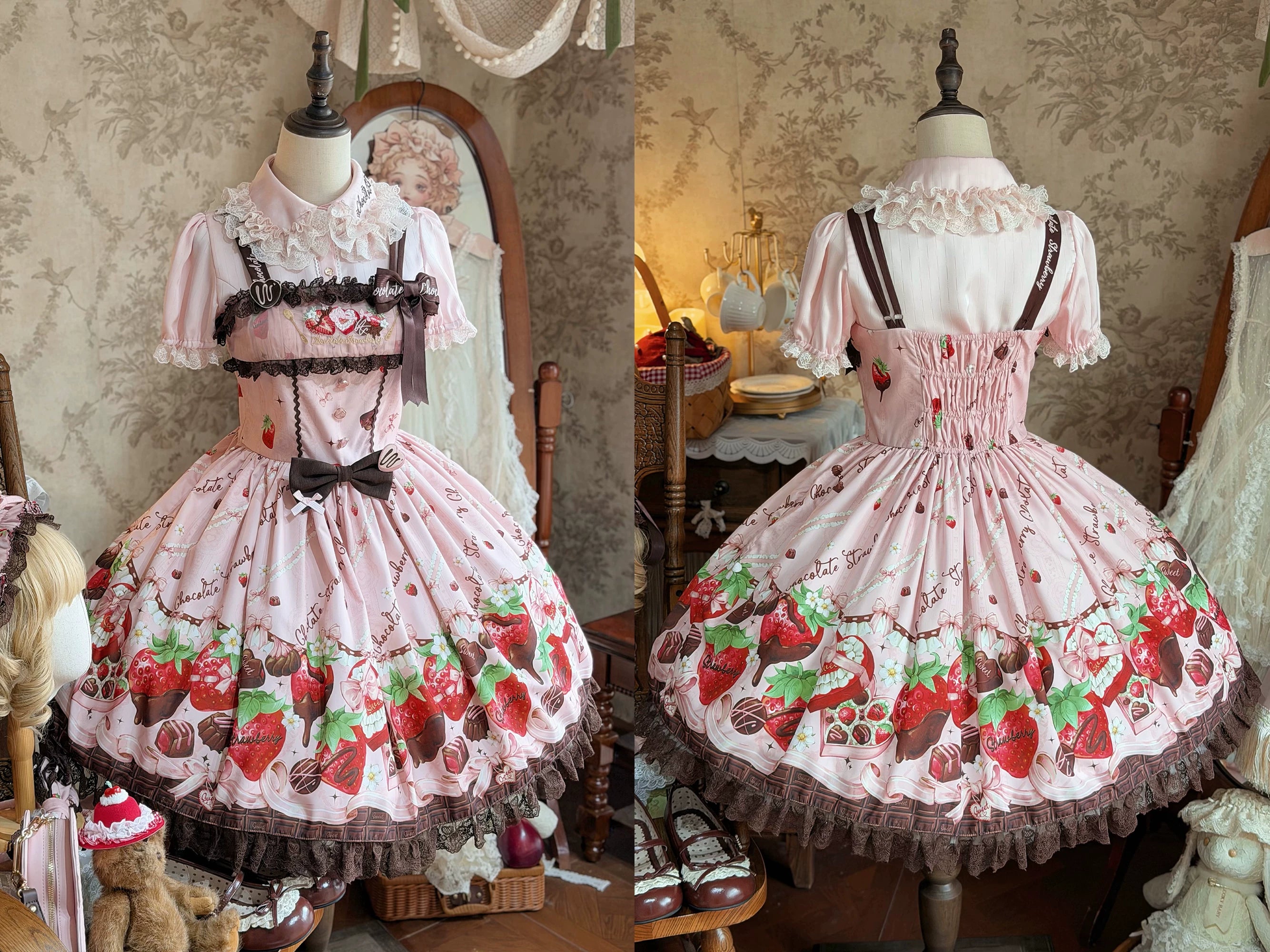 Strawberry Chocolate Lovers - Kawaii Lolita Embroidered Printed Dress