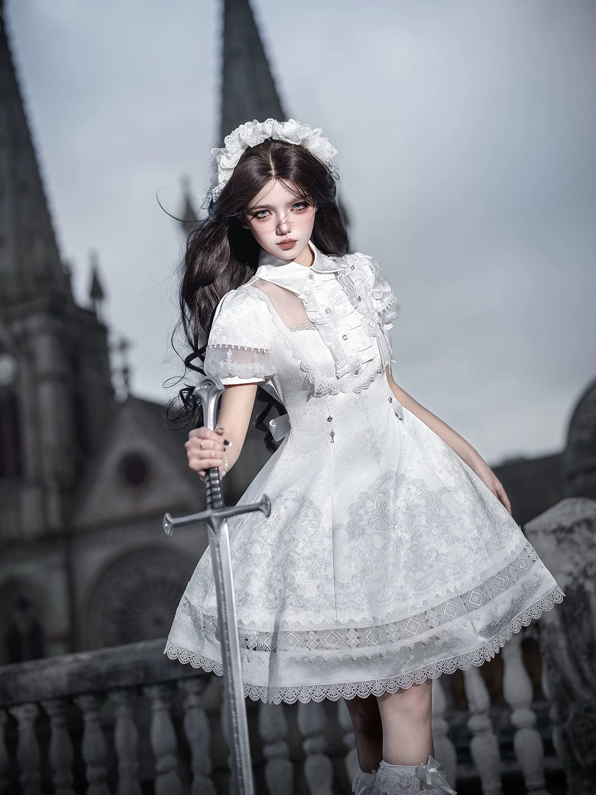 White Classic Lolita Printed OP Dress with Cross