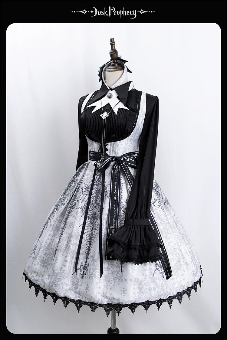 DuskProphecy - Coccyx - Elegant Lolita Dress High Waist Fishbone Print JSK Set 34722:466544