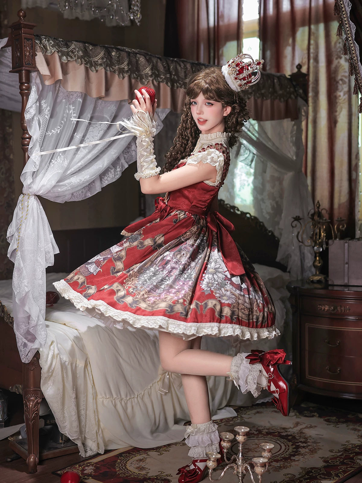 Mysterious Ribe - Red Classic Lolita Jumper Skirt & Blouse Set, Rabbit Print 45968:870073