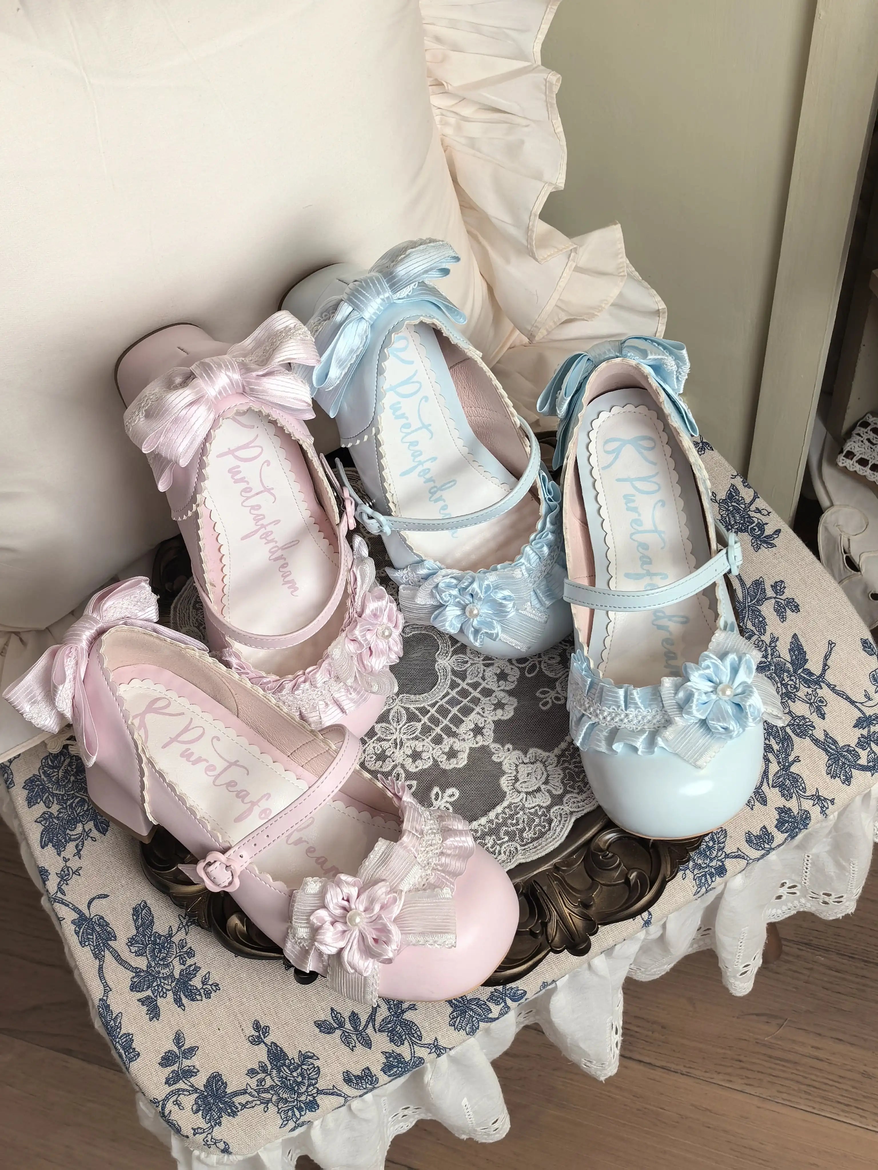 Moonlit Sakura - Sweet Lolita Round-toe Heel Shoes, Floral Accent 45385:845955