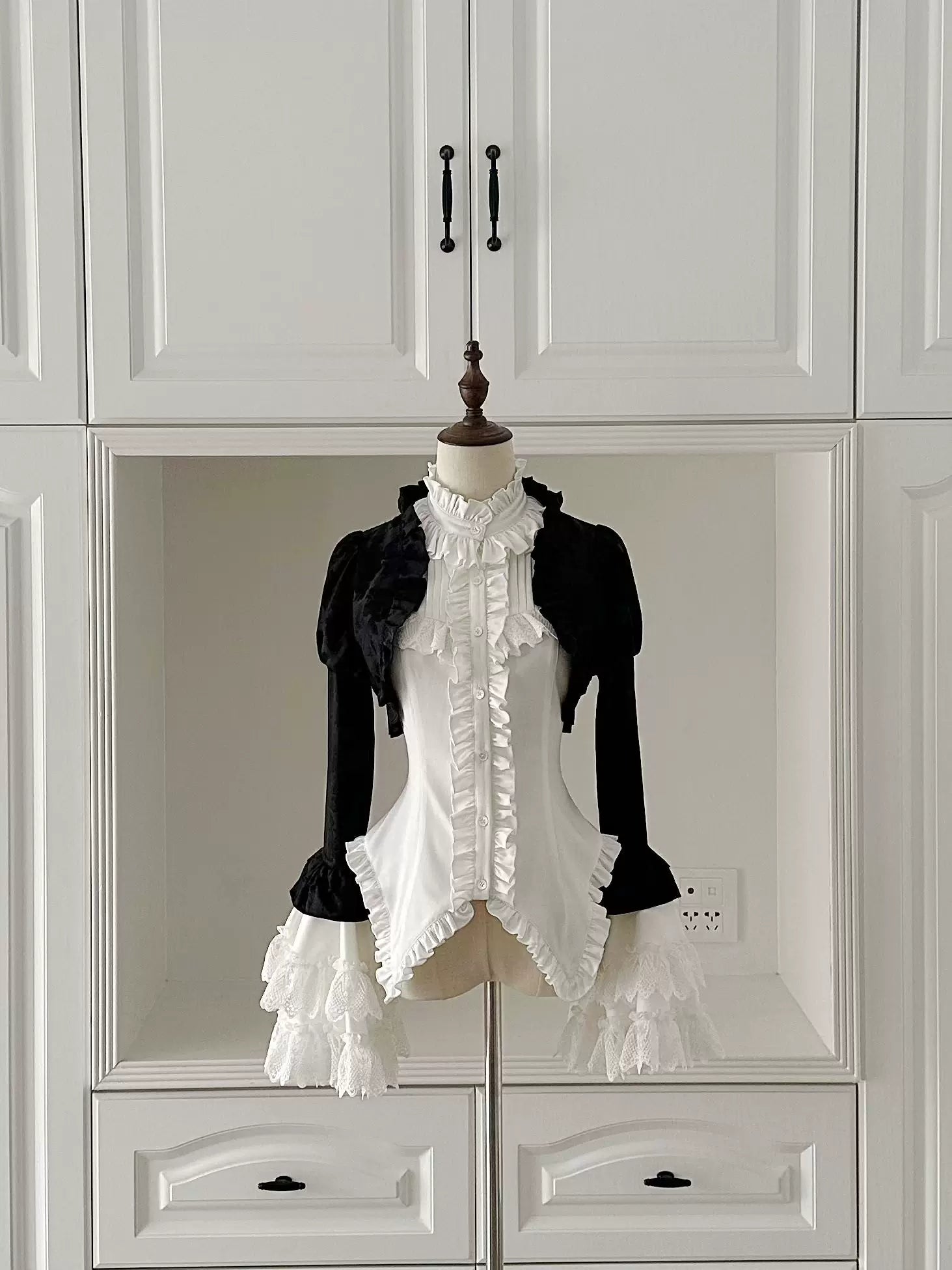 Cross Nocturne - Gothic Lolita Corset Dress Set, High-low Hem & Cross White Blouse with Black Faux Bolero Only S