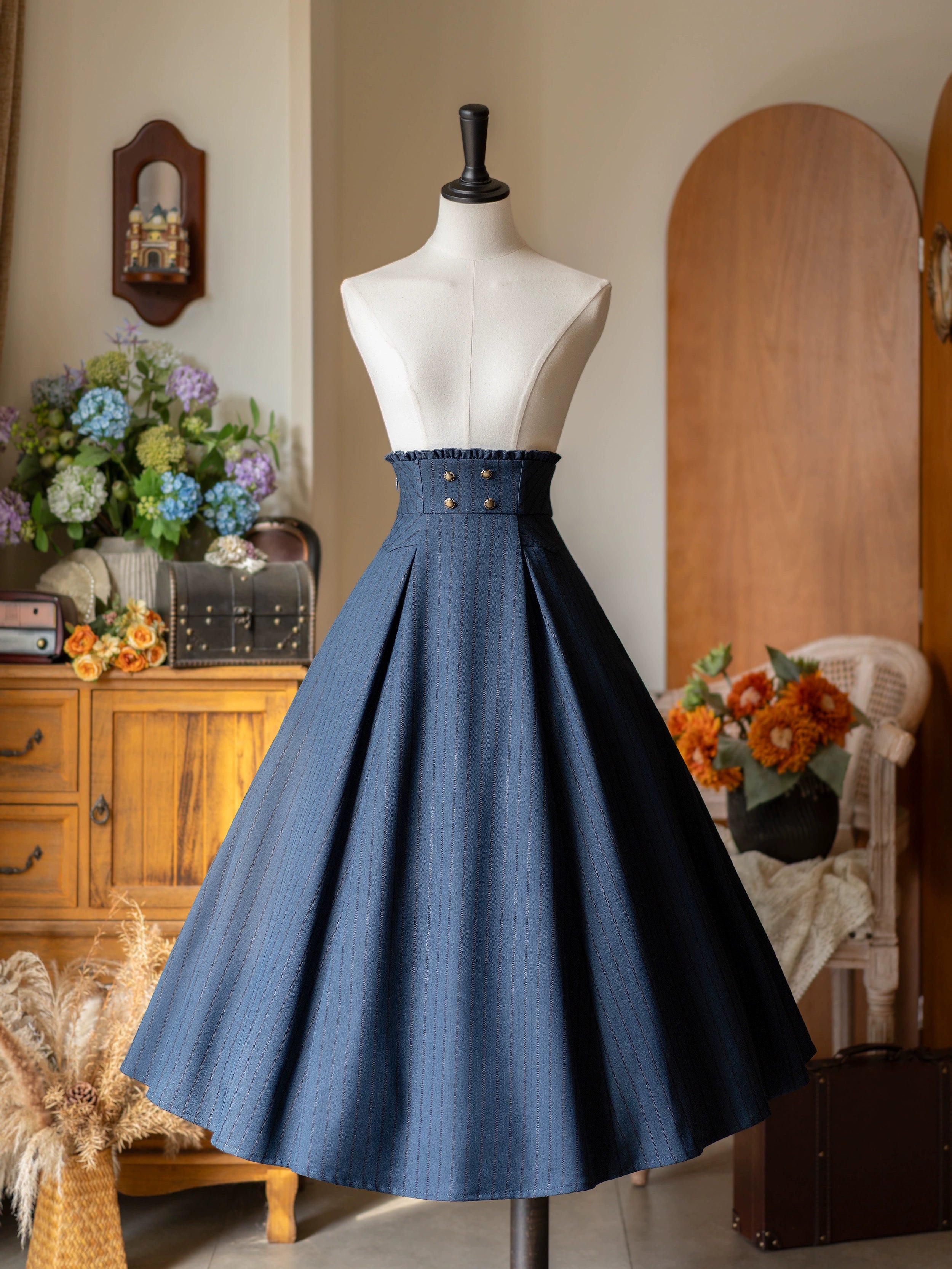 Forest Log - Classic Lolita Fishbone Striped Skirt, Side Pockets Navy Blue S