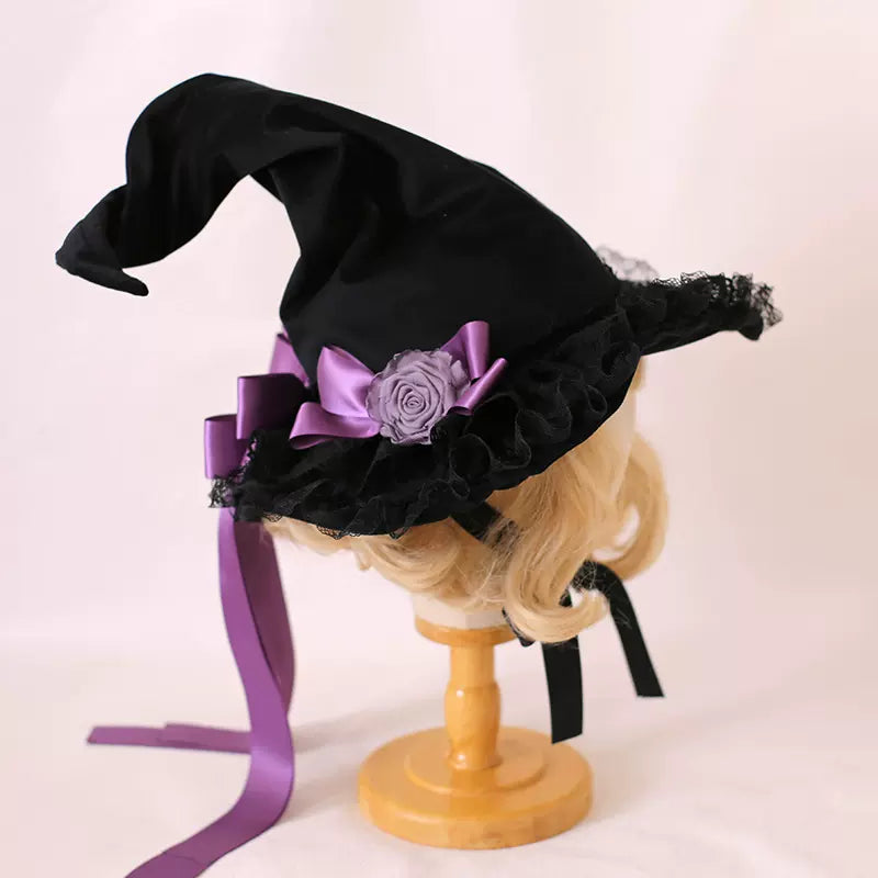 Xiaogui - Halloween Gothic Lolita Witch Hat Bow Velvet BNT One Size (55-59cm) (Hat with Strap) Purple (Velvet Pointed Witch Hat)