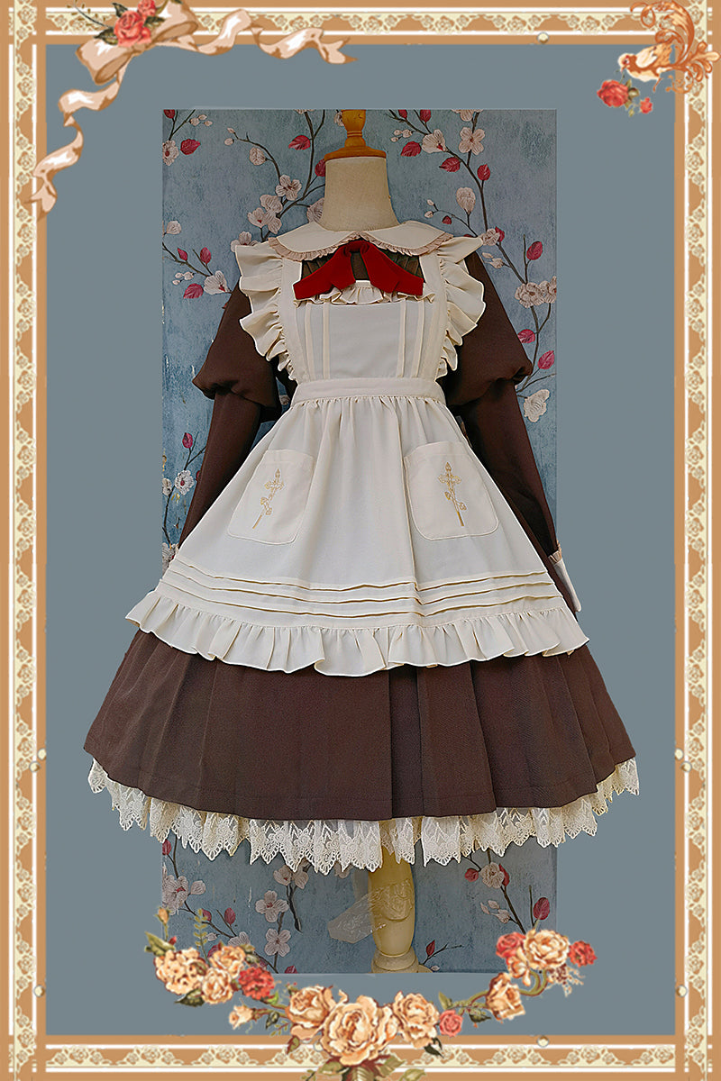 Infanta - Suliko - Maid Lolita OP Set with Soldier Style Waist Pack and Apron Apricot embroidered apron only (One Size / M) S