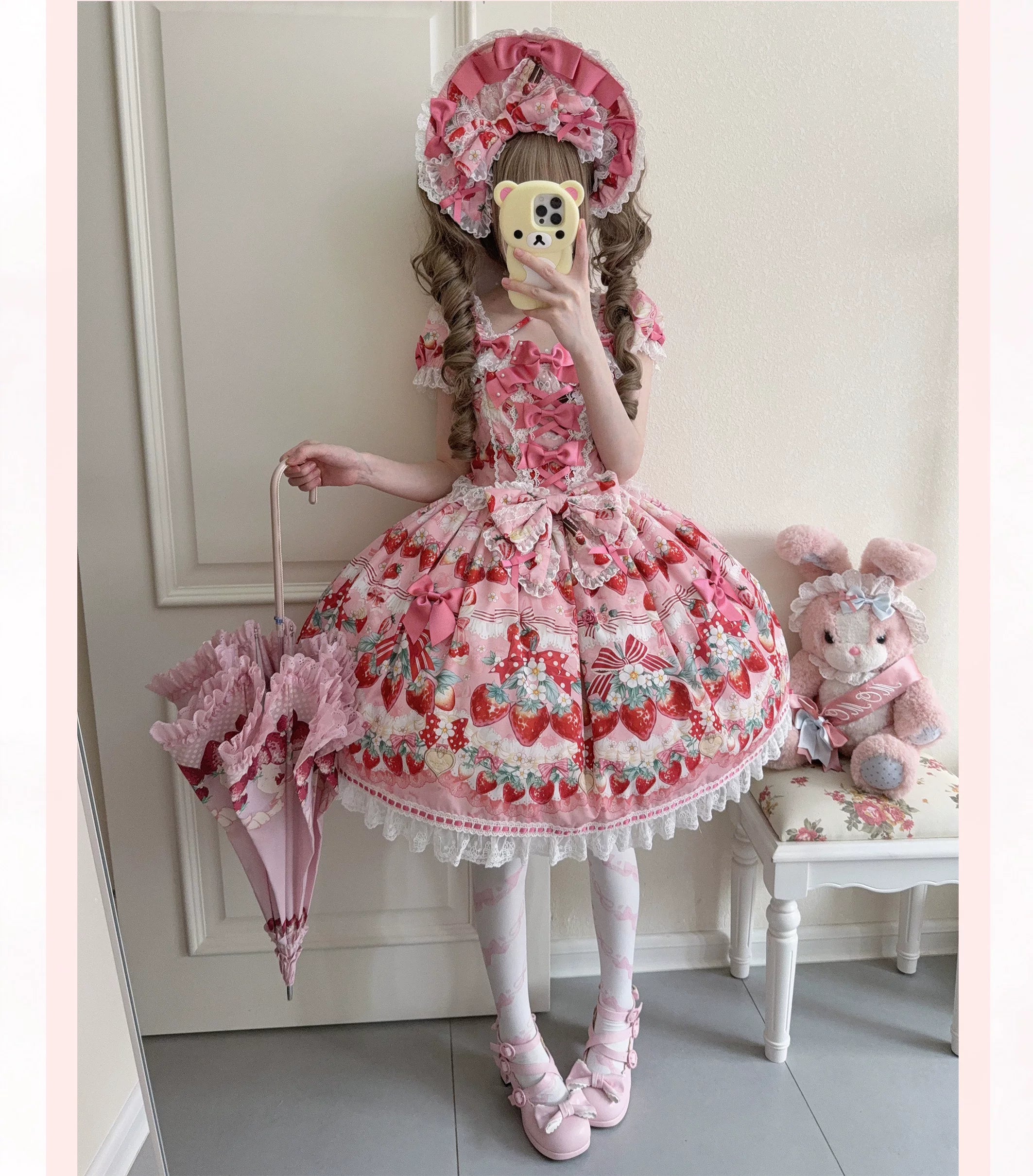 Strawberry Cream Bouquet - Printed Sweet Lolita OP Dress, Halter Neckline