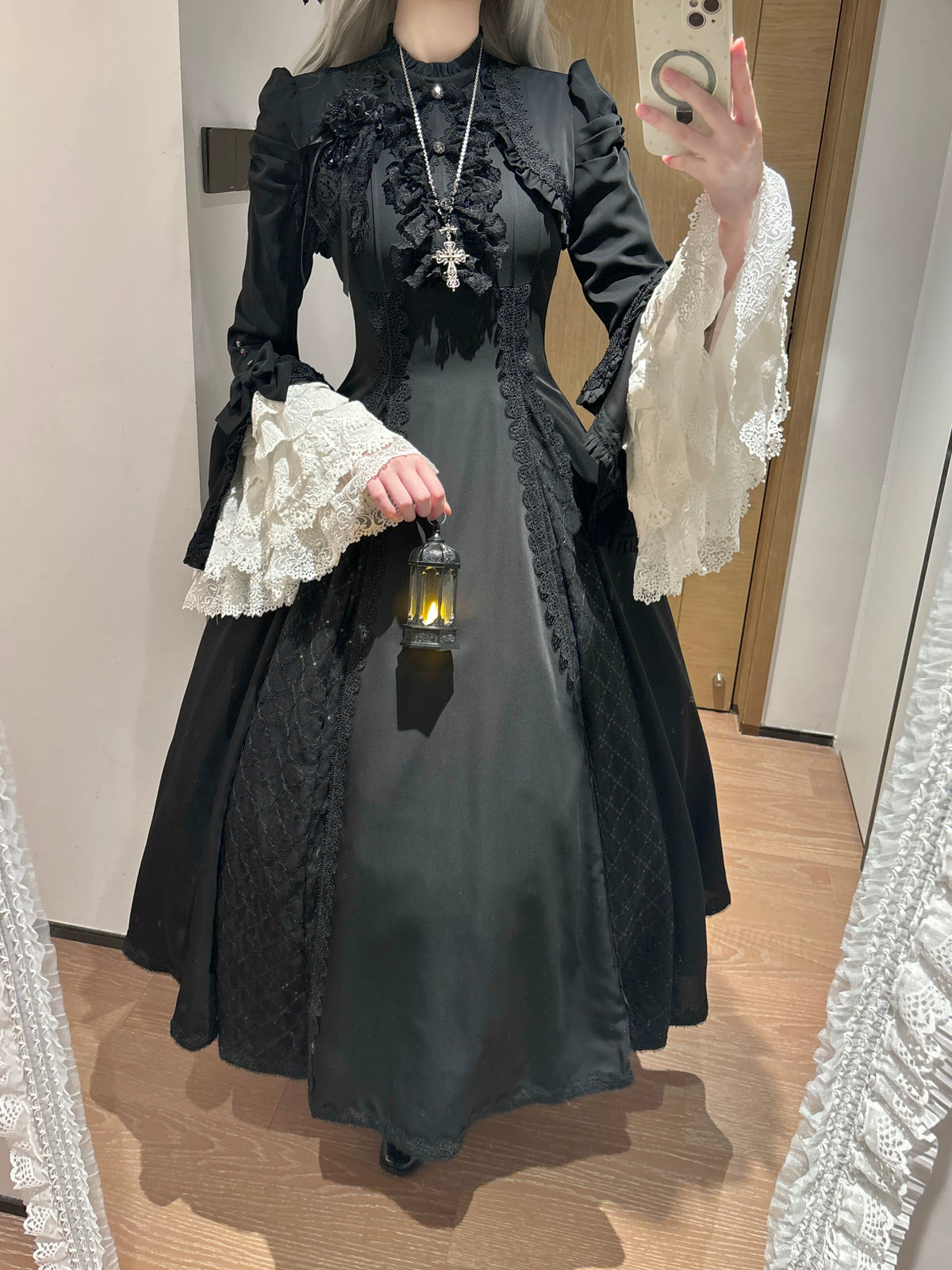 Silver Mist - Halloween Black Gothic Lolita OP Dress, Lace Hime Sleeves