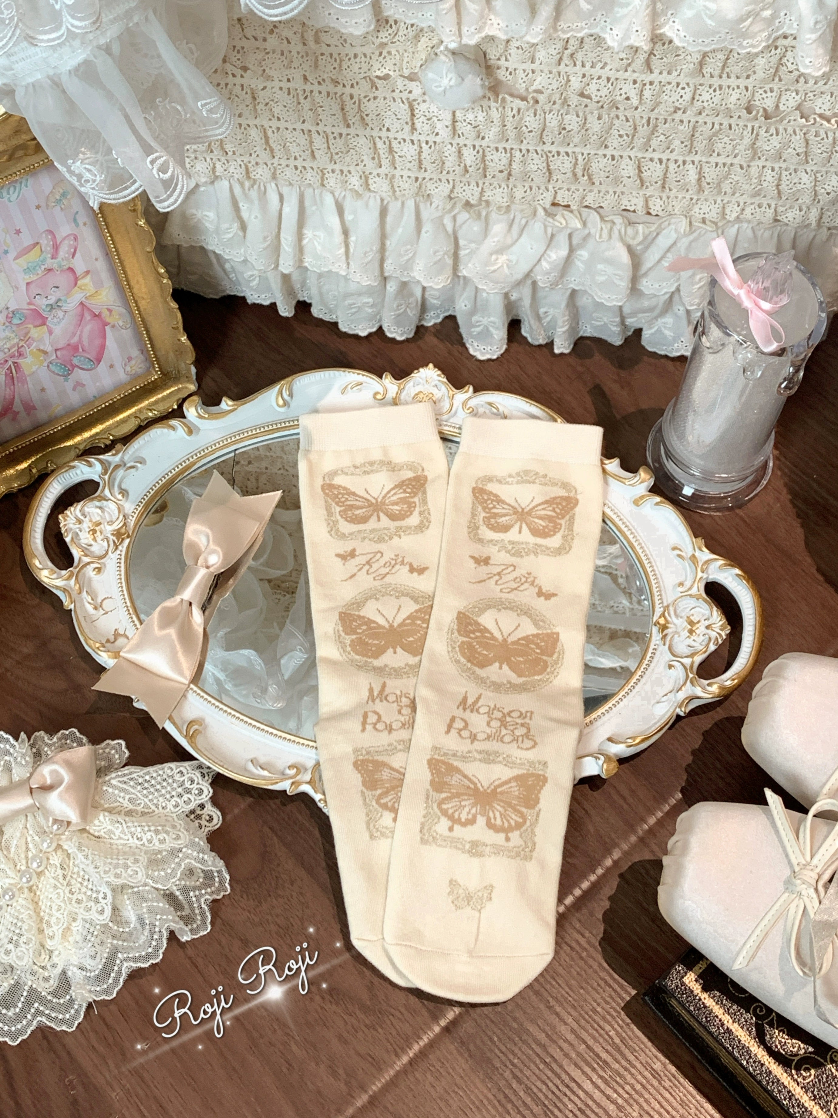 Roji Roji - Sweet Lolita Cotton Socks, Detachable Cuff Bow Trim Ivory Socks Only (without cuff bow trim)