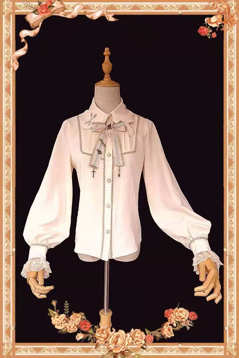 Chocolate Carousel - Peter Pan Collar Old School Lolita JSK Dress, Carousel Print Apricot Blouse Only (without brooch) S