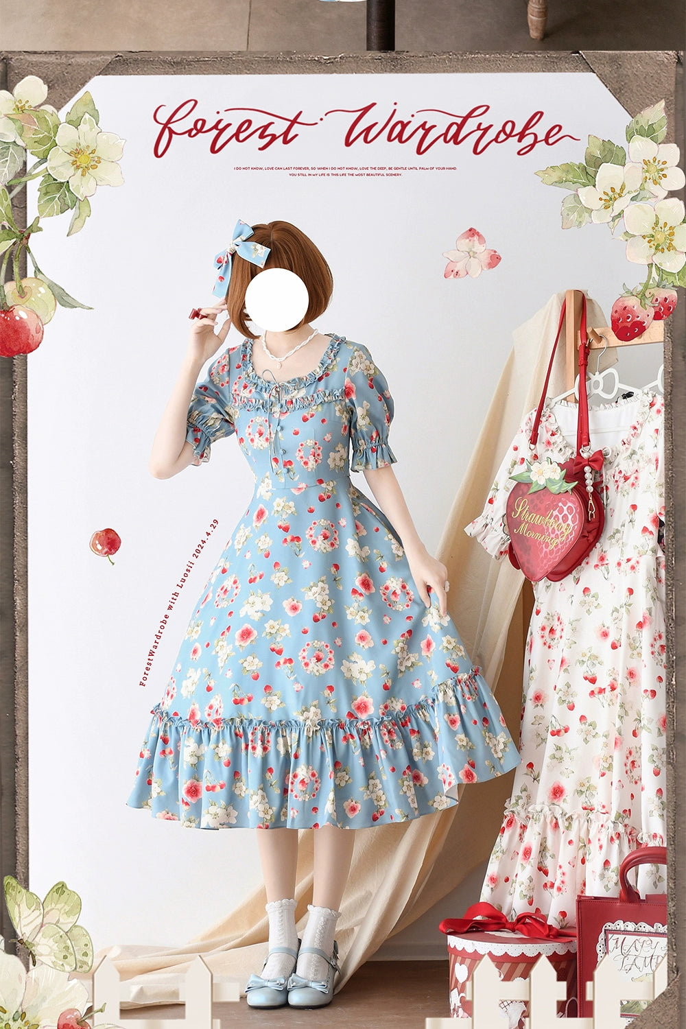 Forest Wardrobe - Summer Berry Picture Book - Vintage Lolita OP Dress Floral Print Short Sleeve Dress