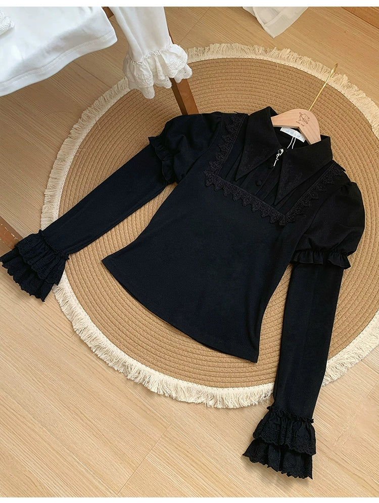 With PUJI - The Vow - Solid Lolita Sweater, Juliet Sleeve, Pointed Collar