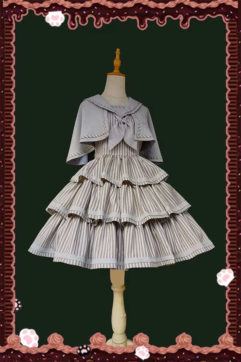 Infanta - From Afar - Vintage Striped Peppy-Style Lolita JSK & Cape Gray Cape Only (one size/M) S