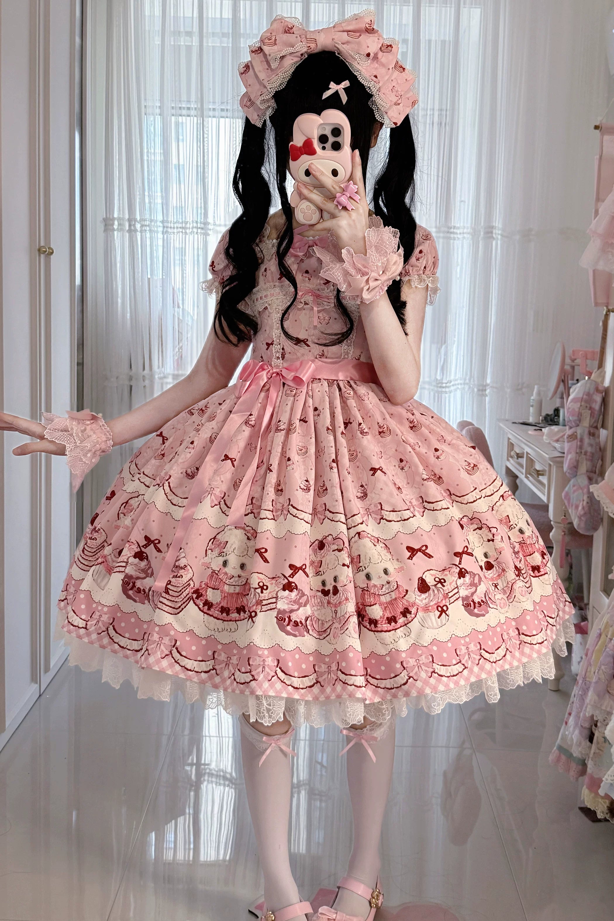 Lamb Strawberry - Sweet Lolita Lamb Printed OP Dress with Halter Neck Pink OP + A Pair of Hairclips S