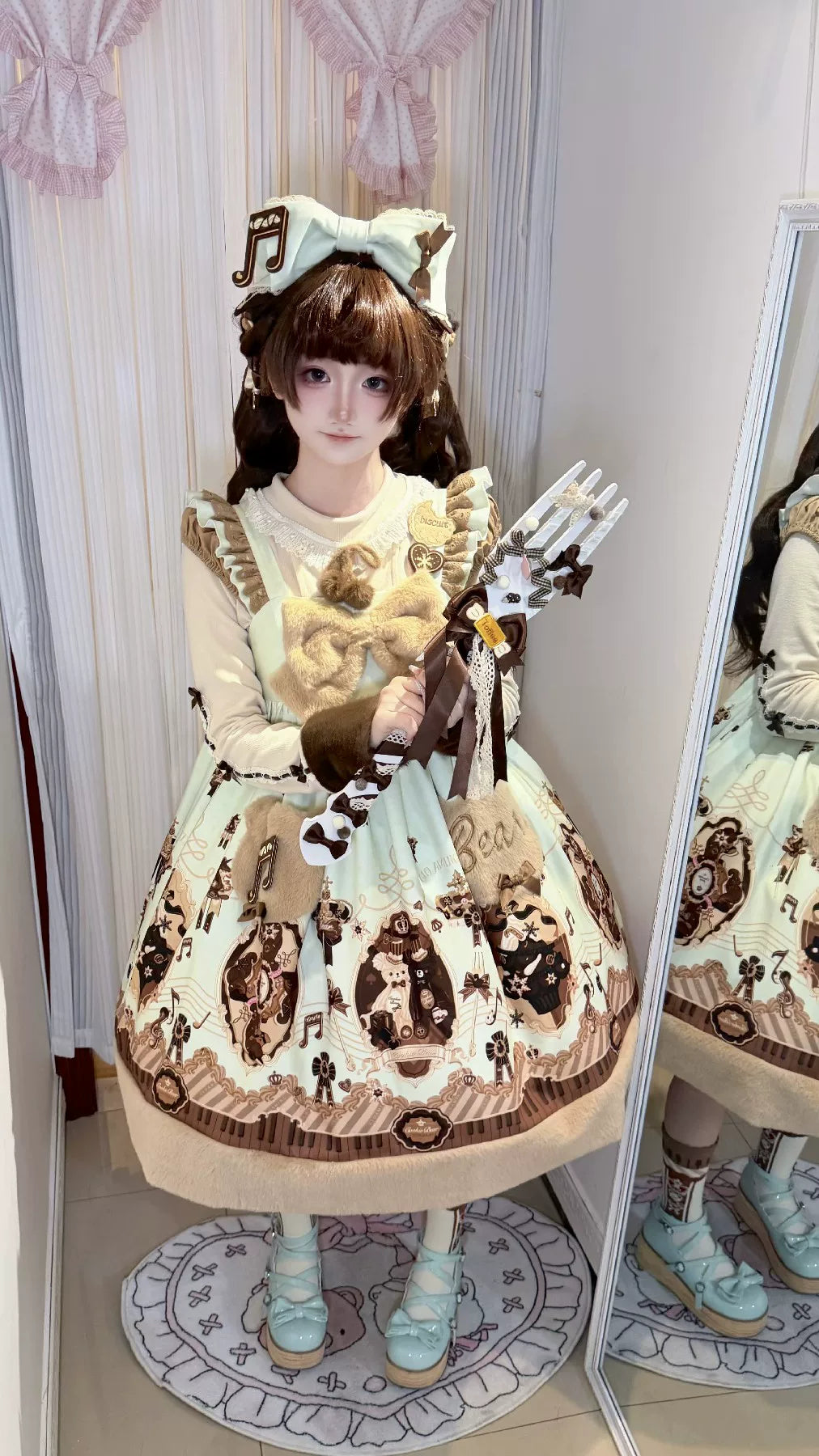 Cream Bear - Print Kawaii Lolita Fake Two-Piece OP, A-lined JSK Dress 44502:811627