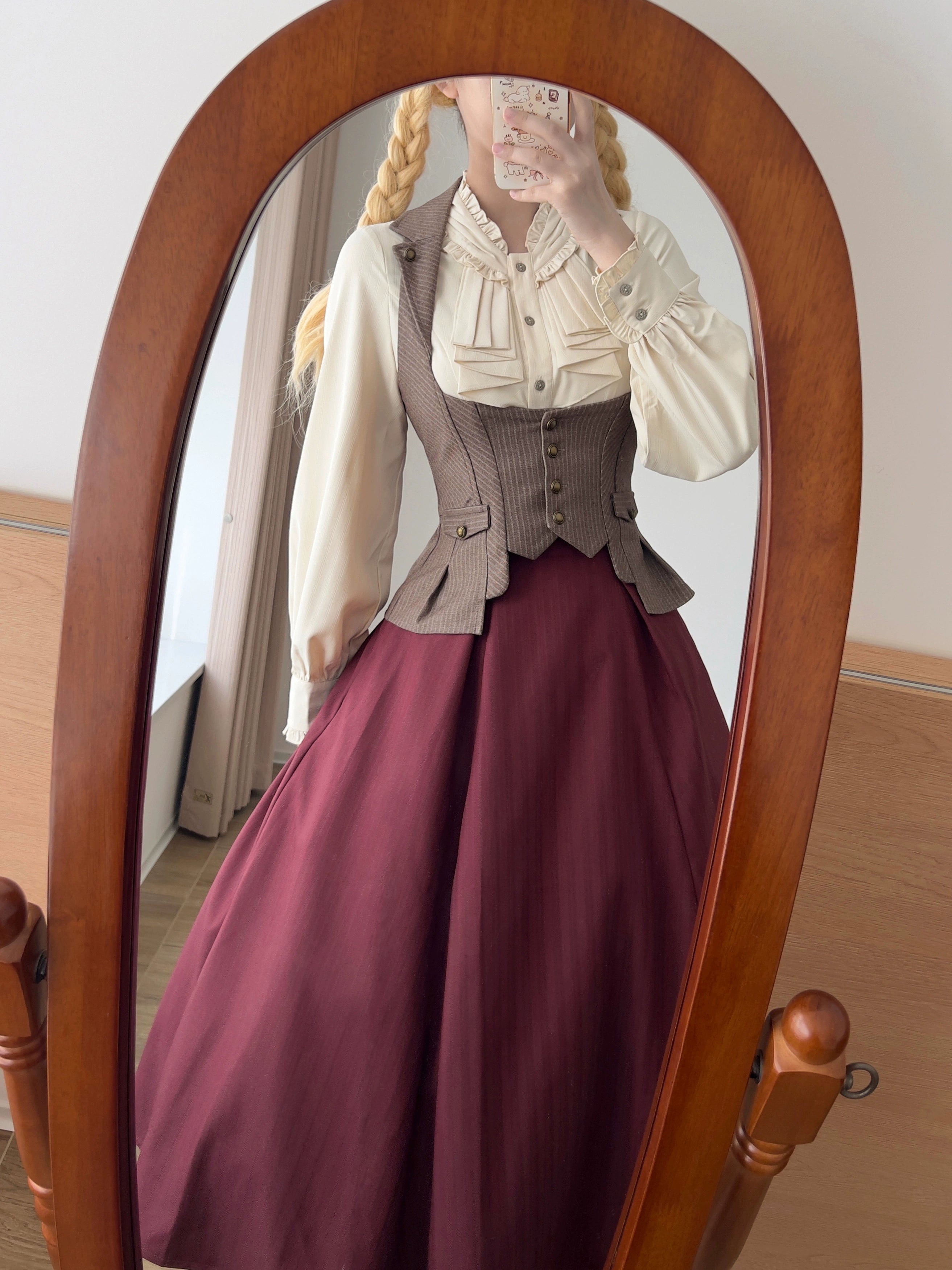Forest Log - Classic Lolita Fishbone Striped Skirt, Side Pockets