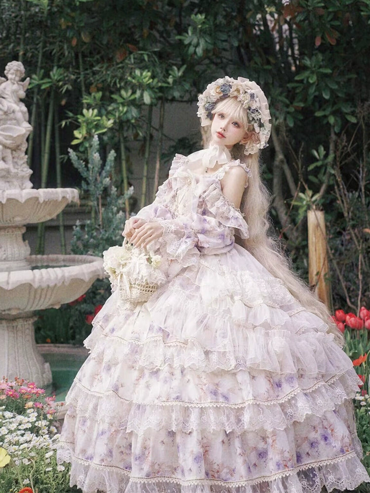 Cat Fairy - Rose Letter - Gorgeous Lolita JSK Princess Dress Chiffon Floral Printed Blue Dress