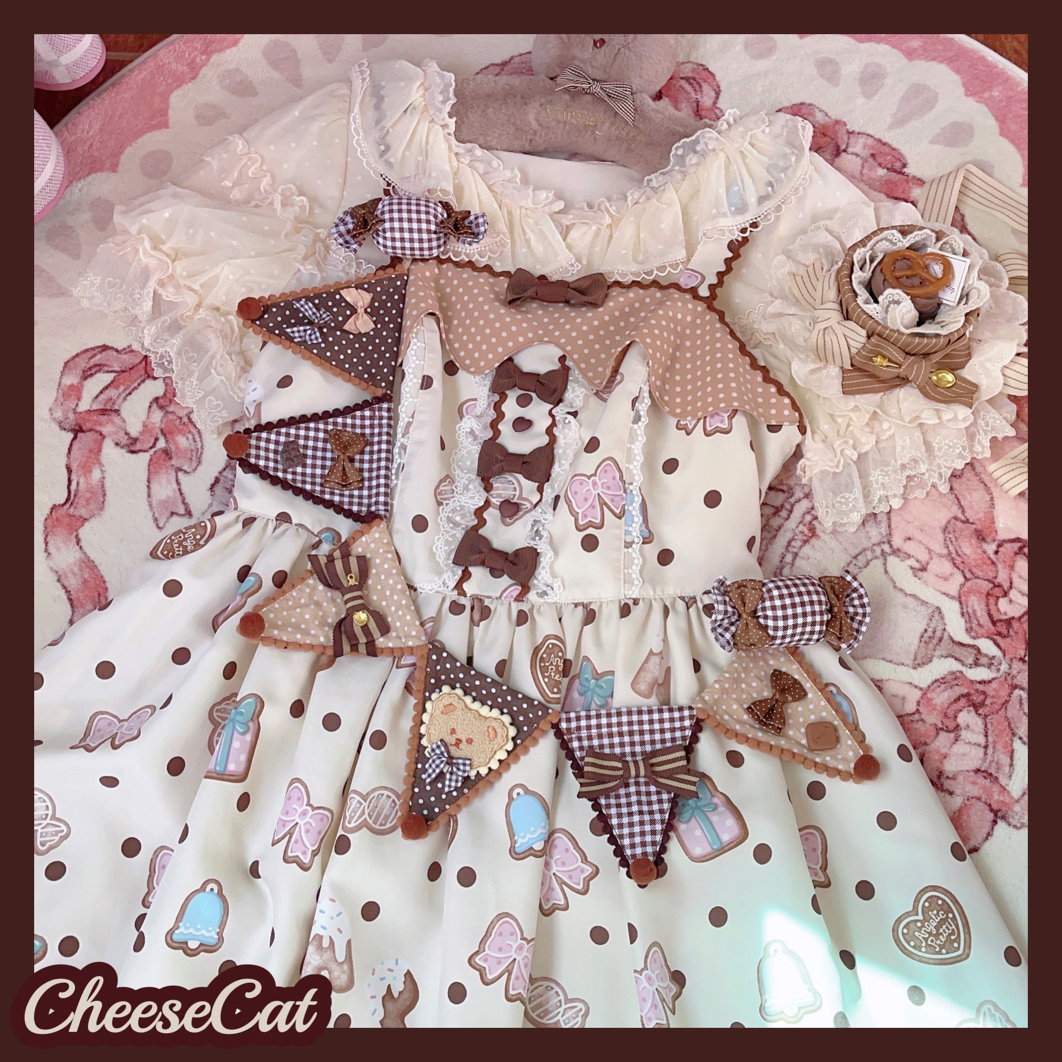 Cheese Cat - Sweet Lolita Plaid Candy Bow Flags Brooch khaki flags( brooch)