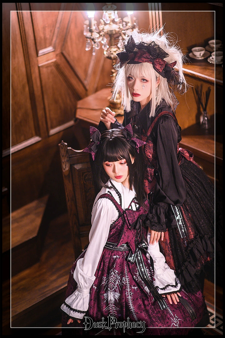 DuskProphecy - Coccyx - Elegant Lolita Dress High Waist Fishbone Print JSK Set 34722:466634