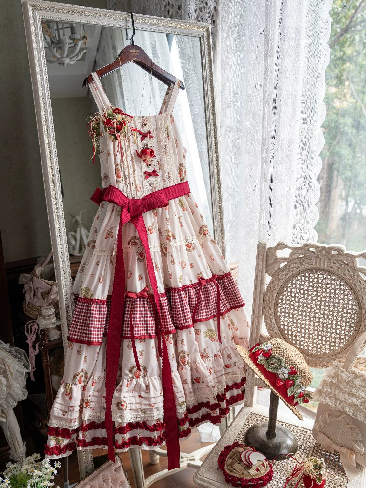 Skyfaring Strawberry - Printed Classic Lolita JSK Dress, Tired Hem