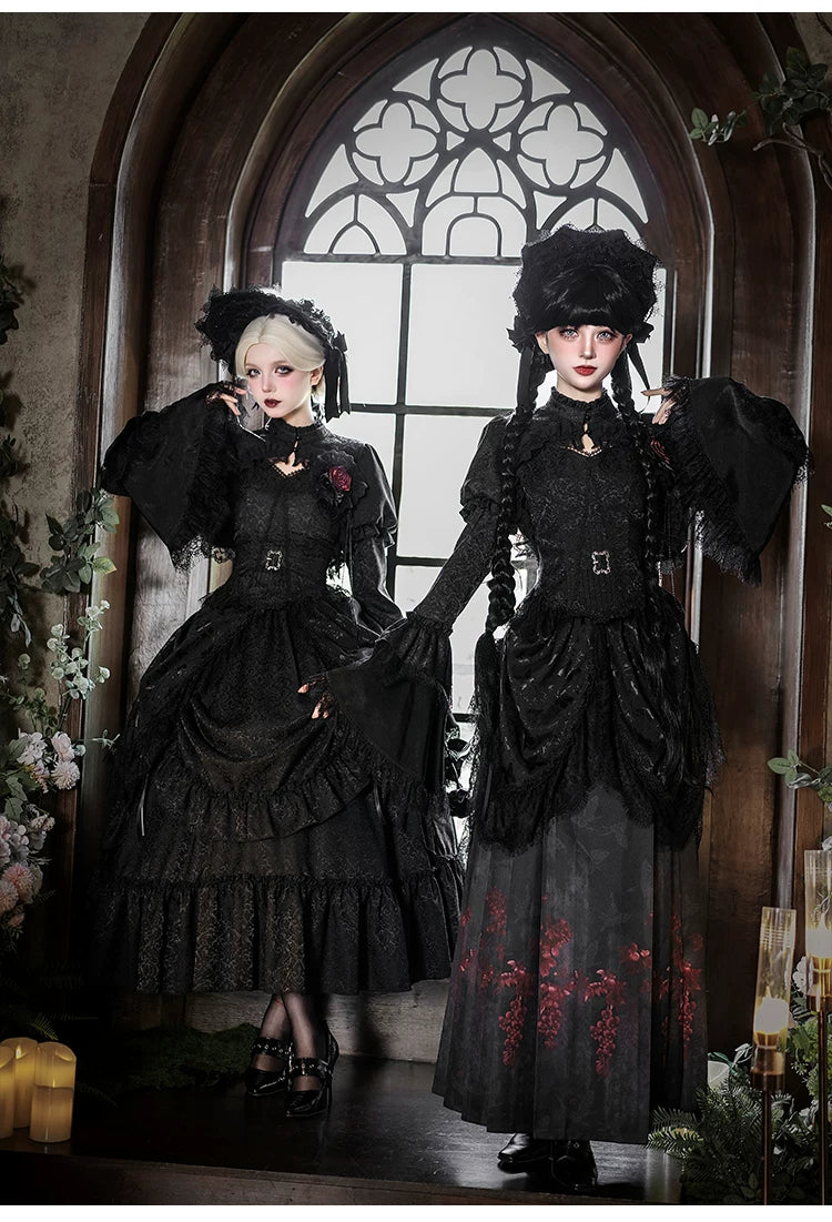 Under the Hanging Moon - Black Gothic Lolita SK Set, Modified Mamian Skirt