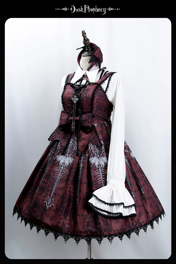DuskProphecy - Coccyx - Elegant Lolita Dress High Waist Fishbone Print JSK Set 34722:466368