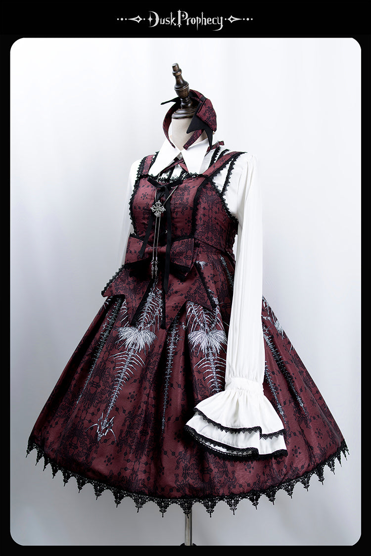 DuskProphecy - Coccyx - Elegant Lolita Dress High Waist Fishbone Print JSK Set (L M S) 34722:466442