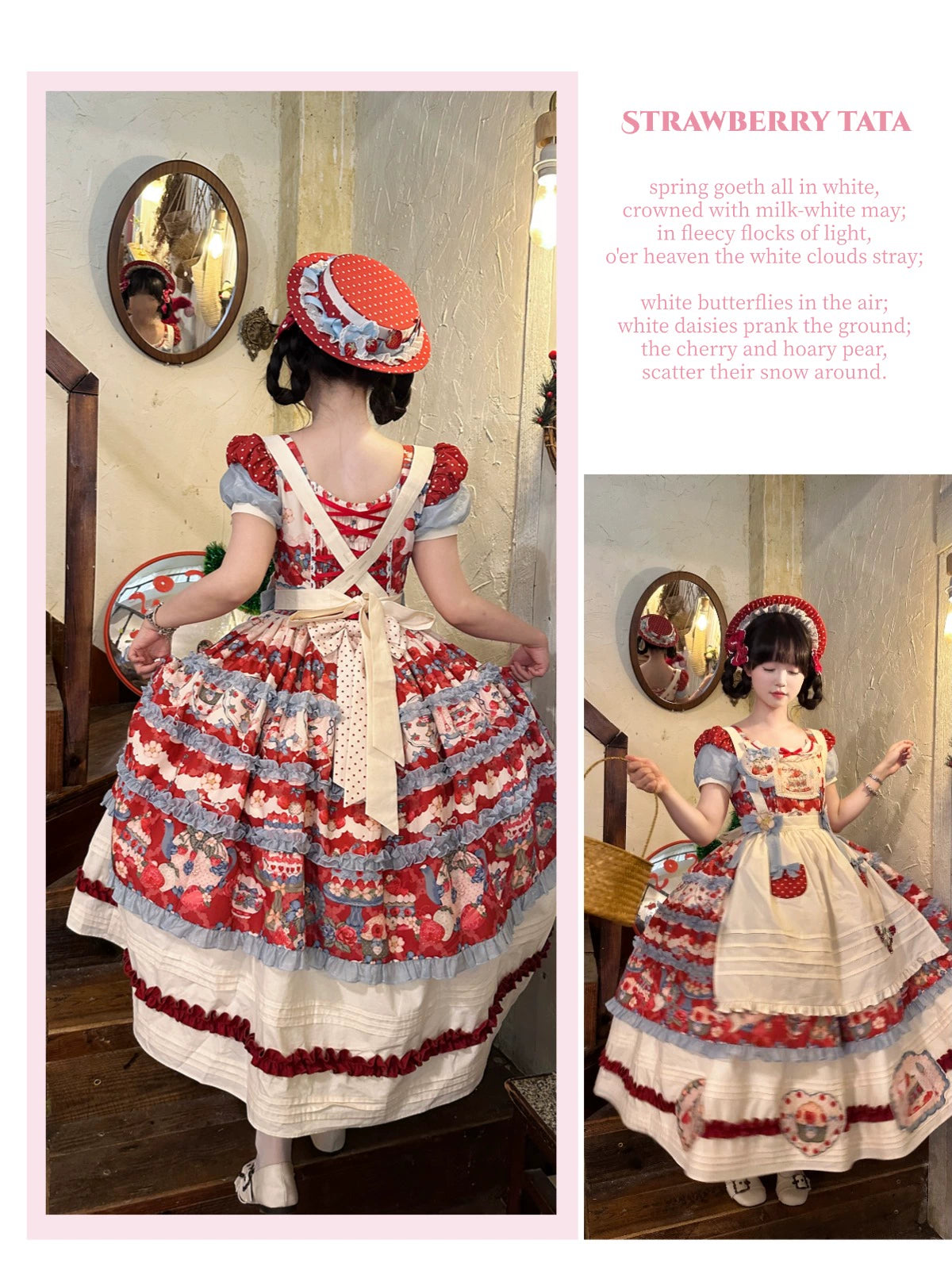Rose Whispers - Strawberry Tata - Sweet Lolita Dress Suit With Strawberry Cake Print 43173:769189