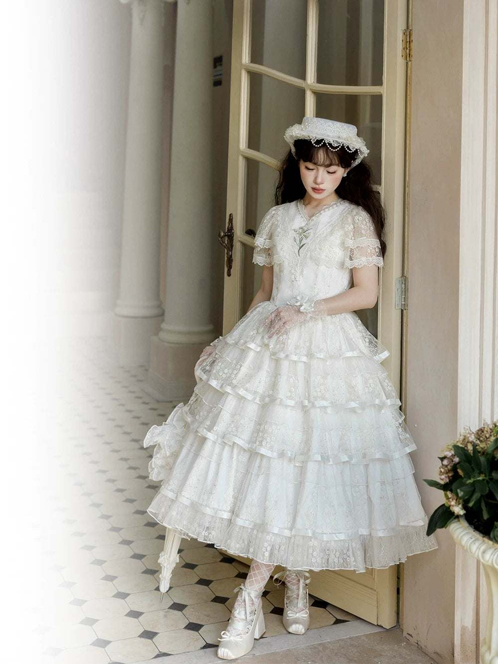 Morning Dew Lily - White Classic Lolita OP Dress, Tiered Skirt