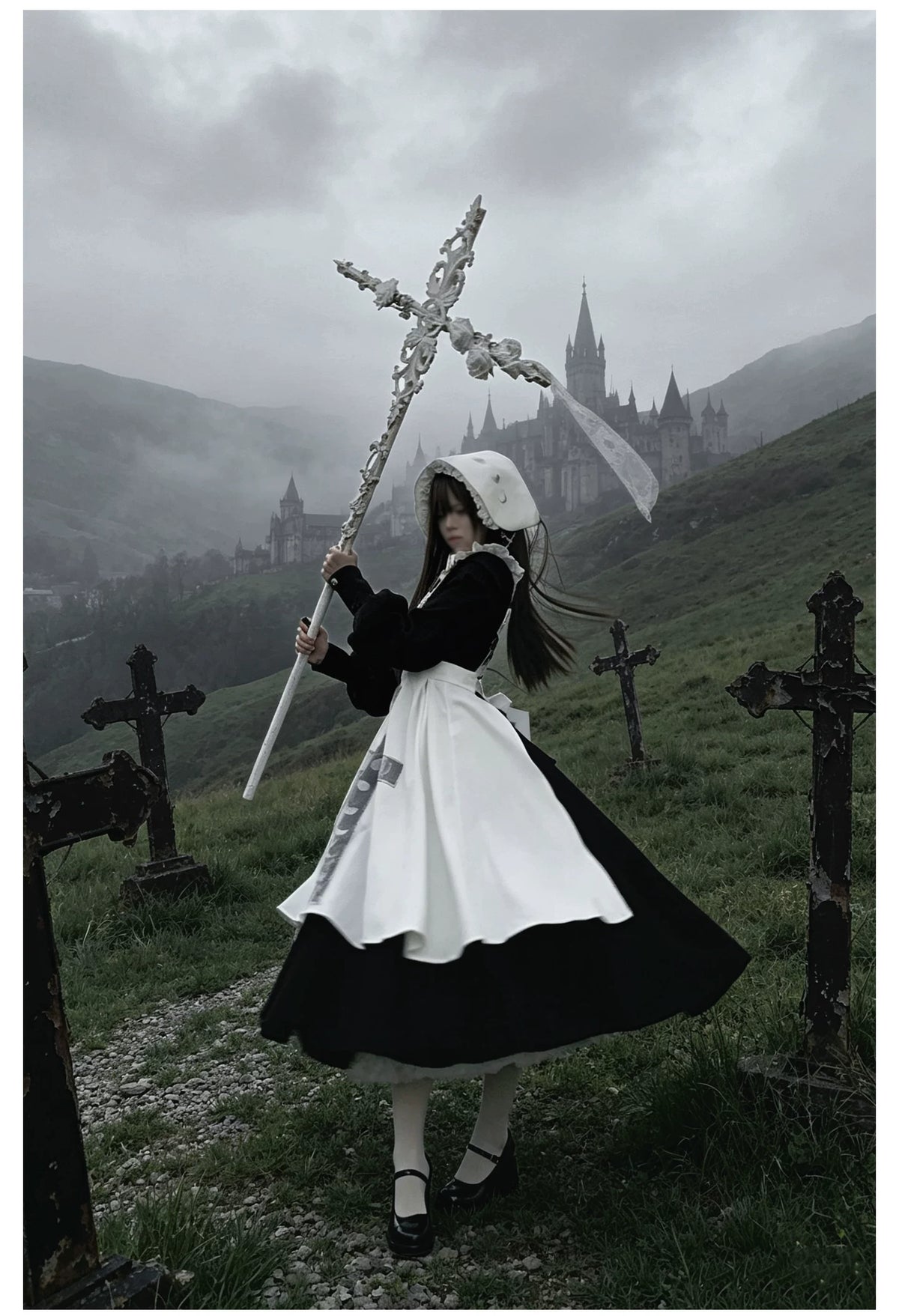 Moon Phase - Gothic Lolita OP Dress Set, Detachable Cross-Shaped Apron 46035:873412