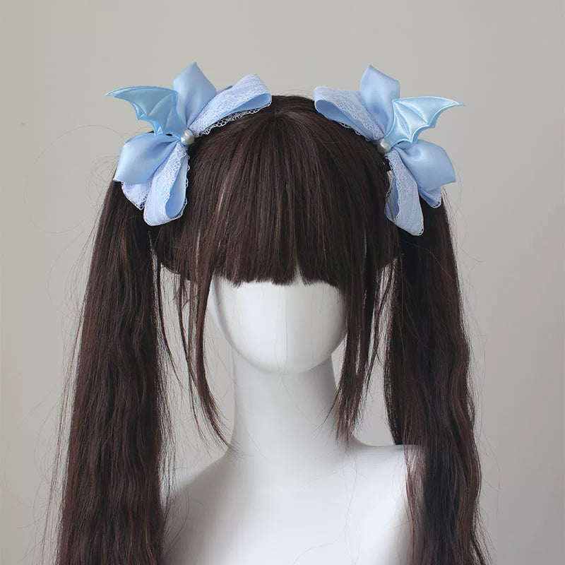 Gothic Lolita Hair Clips, Cross & Devil Wings Pure Blue