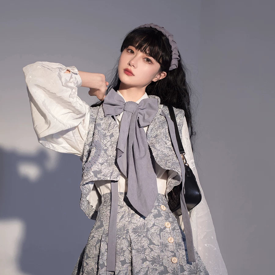 Gilded Age - Vintage Lolita Vest Suit, Oil Painting Style Skirt Coat Grey-blue vest Only XS