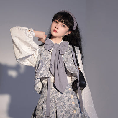 ZJstory~Gold Age~Retro Lolita Embossed Shirt Skirt and Floral Vest XS grey-blue vest 