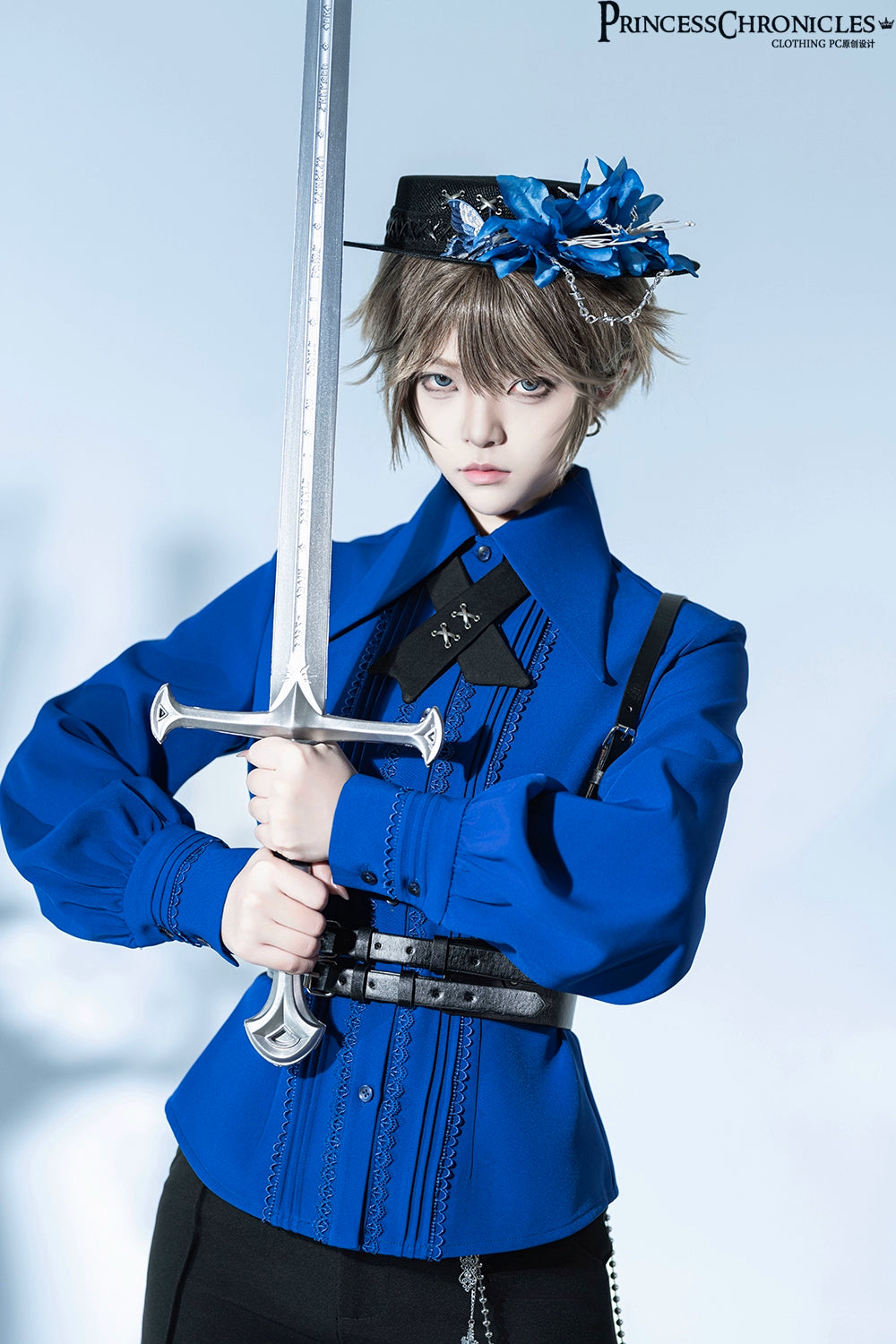 Princess Chronicles - Black Dragon - Gothic Lolita Shirt Retro Elegant Blouse Multicolors S Blue shirt (female version)