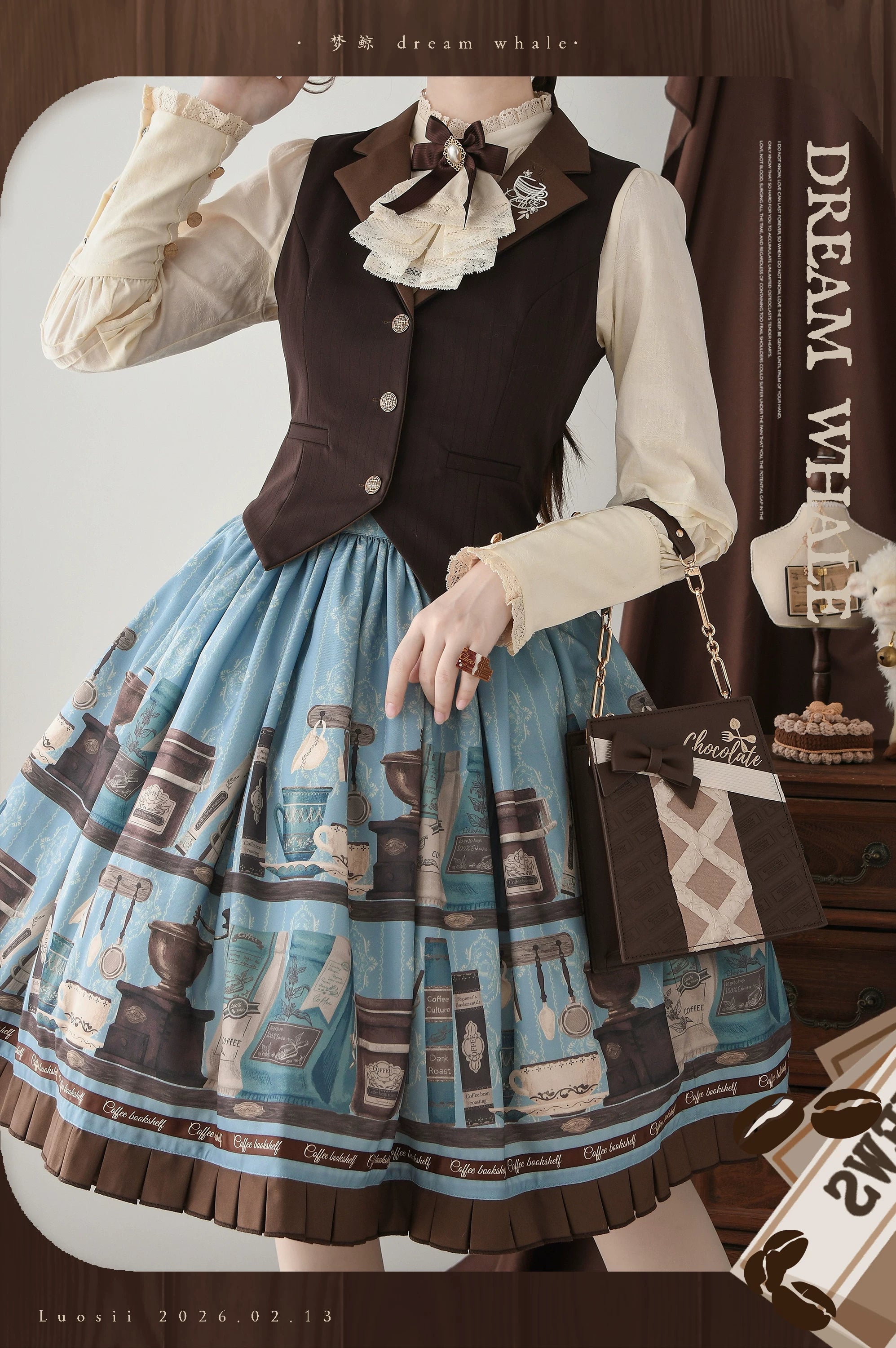 Coffee Bookshelf - Classic Lolita JSK and SK Set, Coffee Cup and Book Print 45611:856217