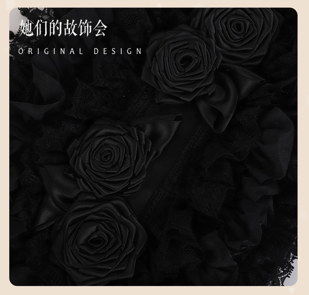 The Accessories' Story - Gothic Lolita Black Hat, Rose & Bead Tassels