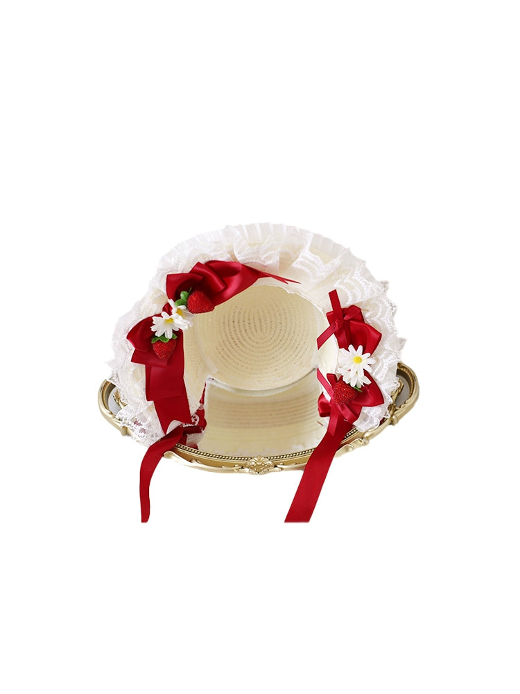Xiaogui - Sweet Lolita Hat Strawberry Bonnet with Lace and Bow