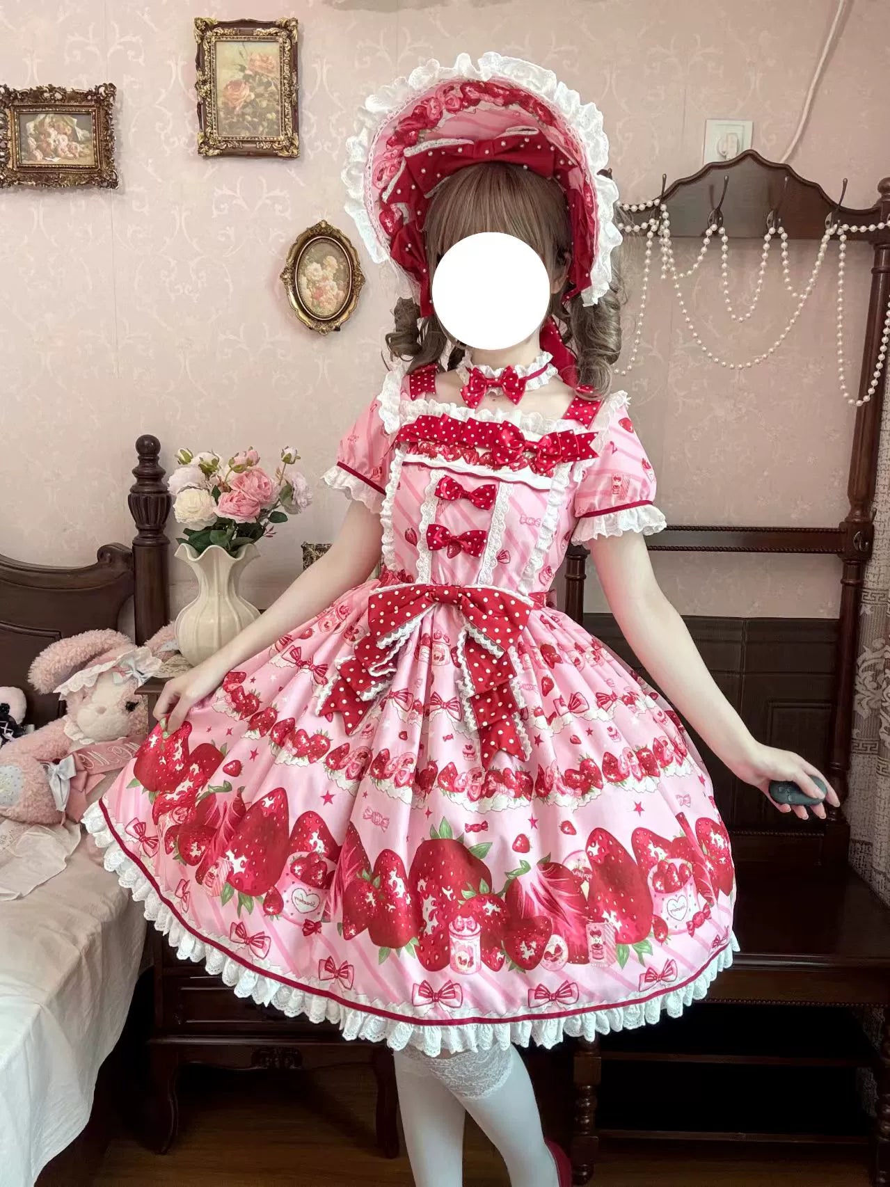 Peach Bunny - Strawberry Box - Sweet Lolita OP Dress, Strawberry Print 43994:791543