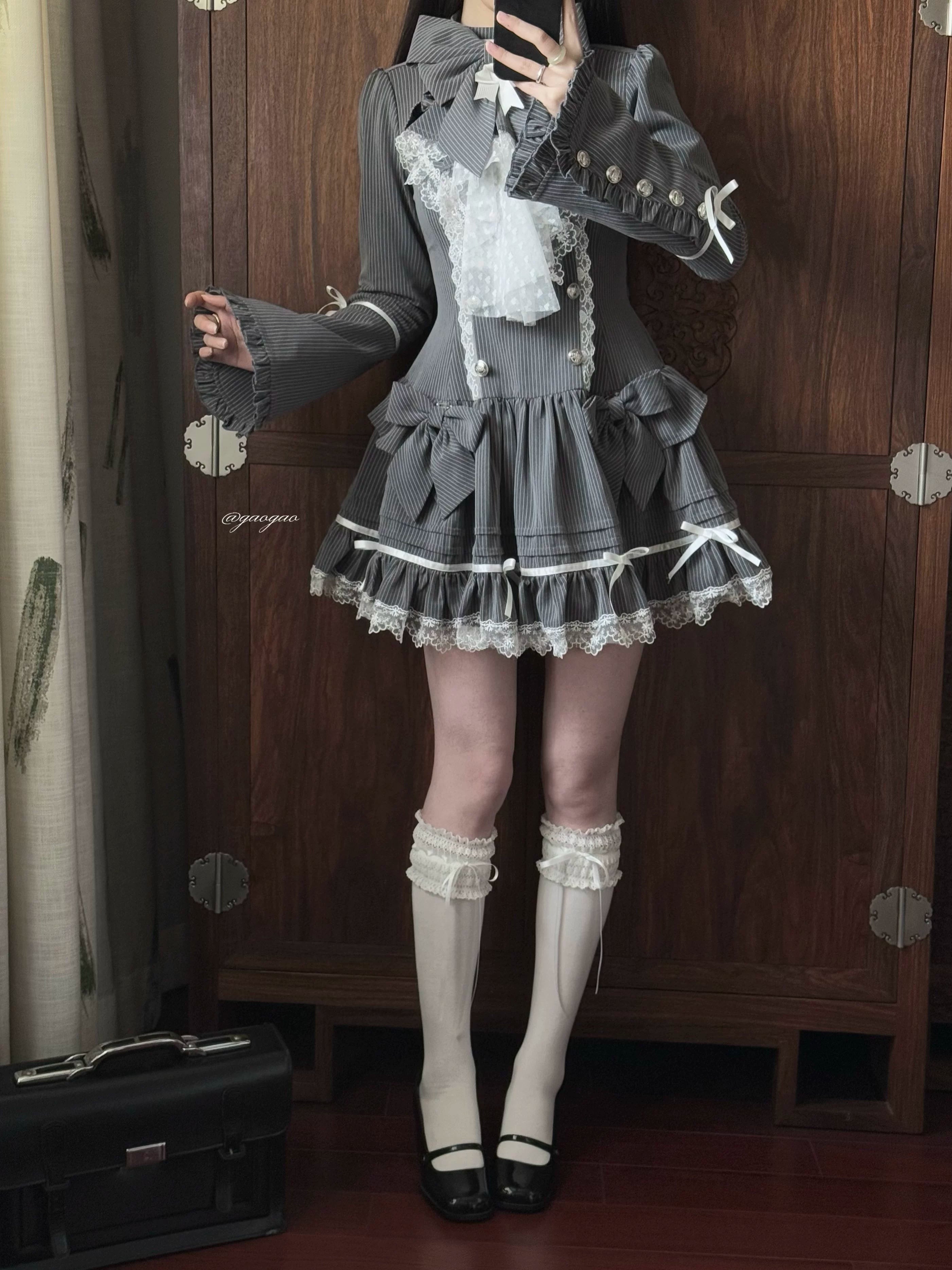 Phantom Kitty - Old School Lolita Low Waist OP Dress, Lace & Bow 45119:836189