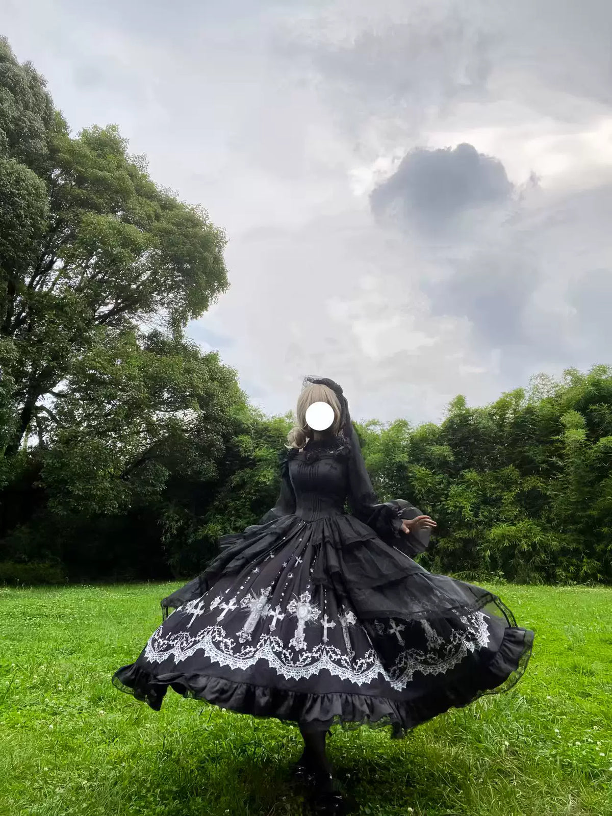 Star Remains Prayer - Elegant Gothic Lolita JSK & OP Dress Set, Cross & Moon Prints 46014:872472