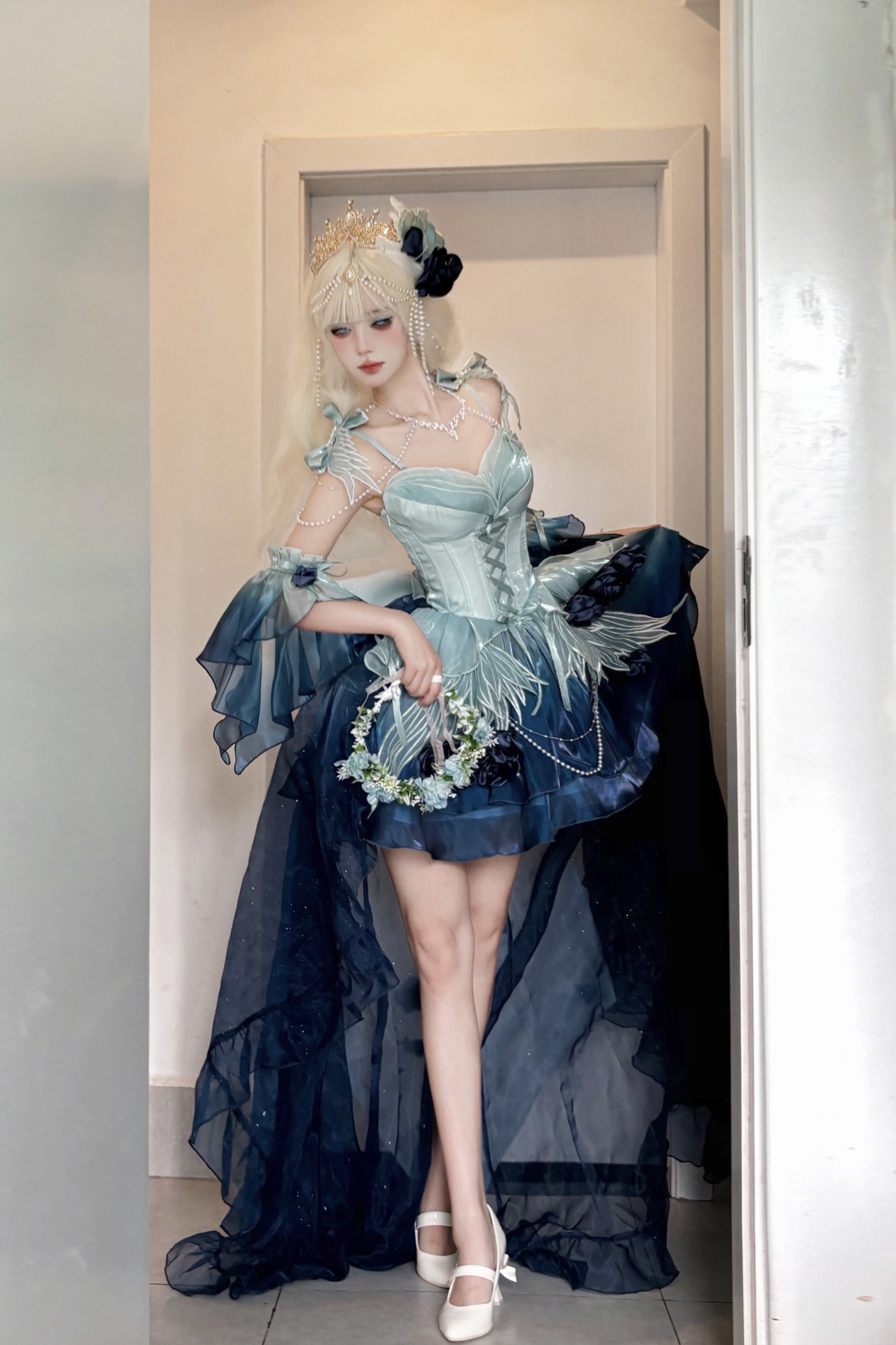 Meowing and fruity - Swan Fantasy - Fairy Lolita Short JSK Ballet-Style Jumper Dress Deep Sea Blue - Large Set (JSK+detachable sleeves+trailing set) S