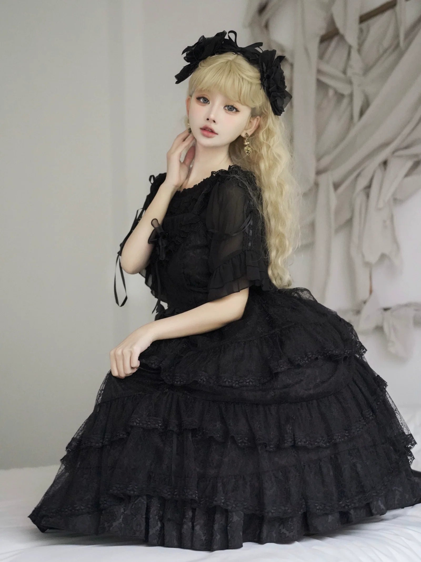 Eieyomi - Iris Love - Elegant Black Lolita JSK Dress, Short Sleeve 44383:806040