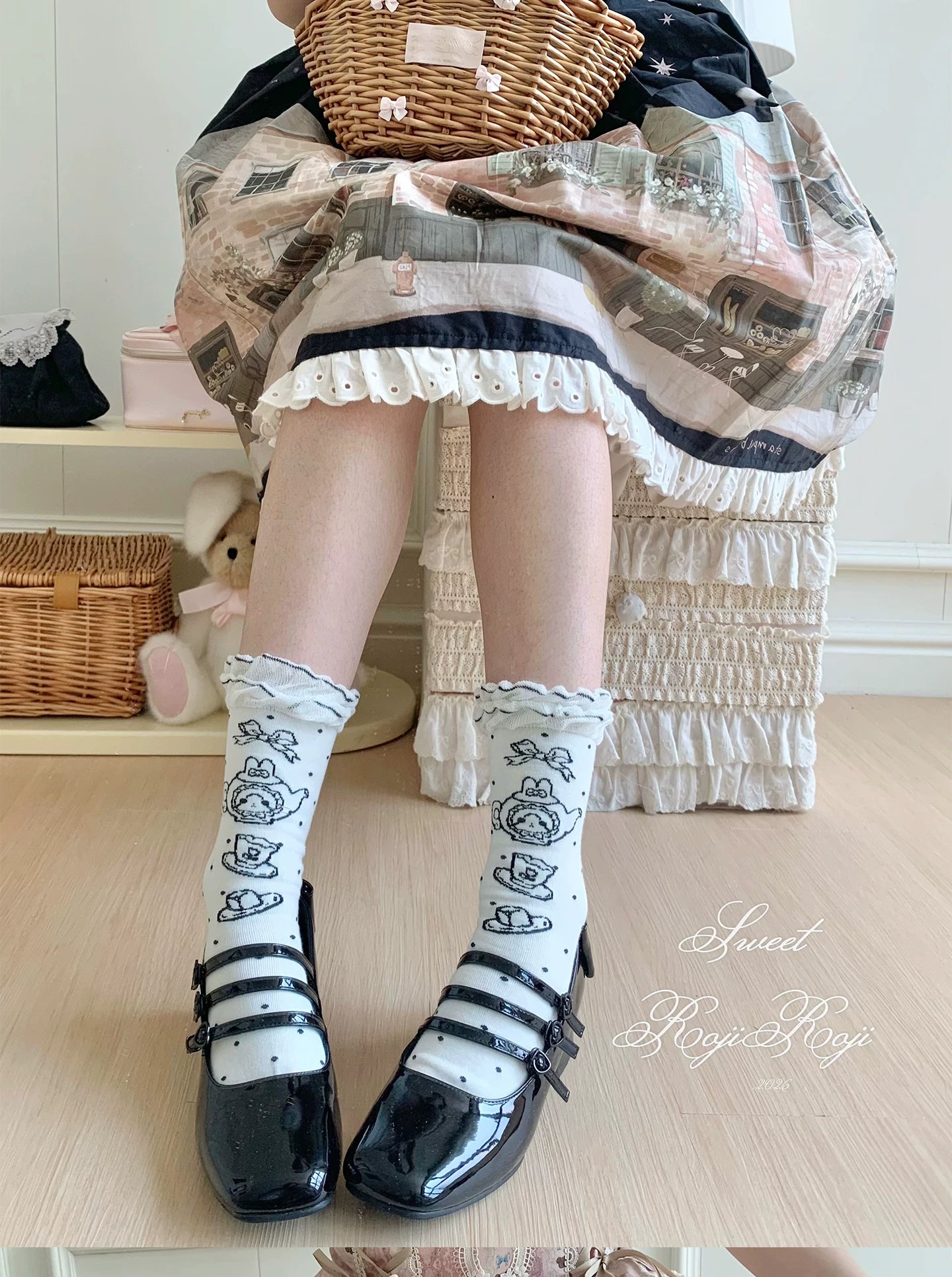 Cotton Sweet Lolita Socks, Tea Party Prints (Black) 45788:862440