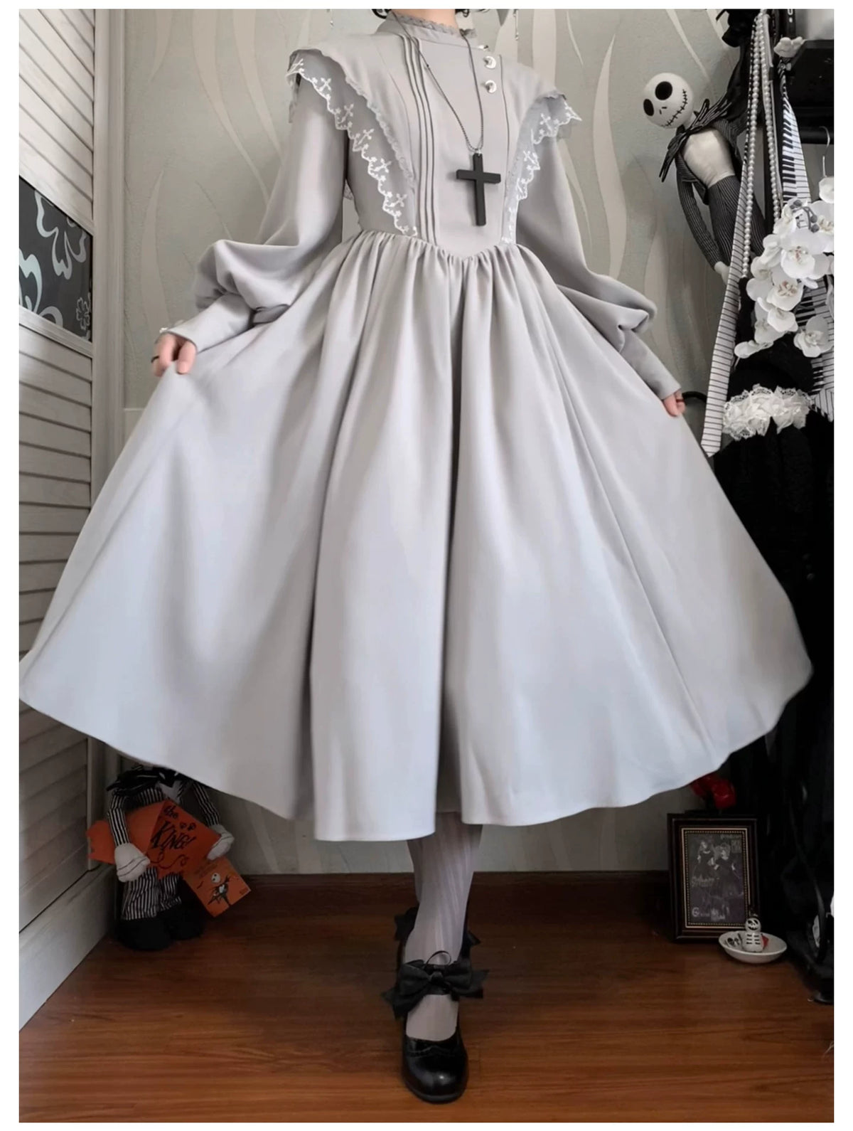 Moon Phase - Gothic Lolita OP Dress Set, Detachable Cross-Shaped Apron 46035:873426