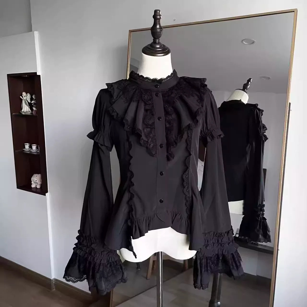 Trace Bone - Black Gothic Lolita SK & Waist Cincher Black Small Hime Sleeve Blouse + Waist Cincher + SK XS