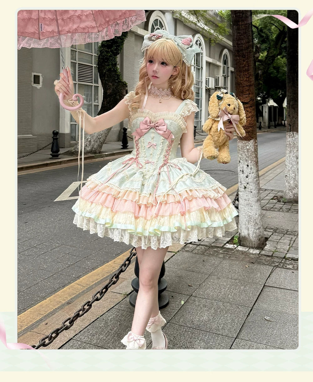 Lotus Crossing - Sweet Lolita Tiered Hem JSK Dress with Satin Bow 45302:844757
