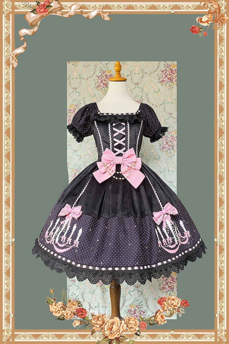 Chandelier - Old School Lolita Dress, Polka Dot, Chandelier Print (L M S XL) 44388:806697
