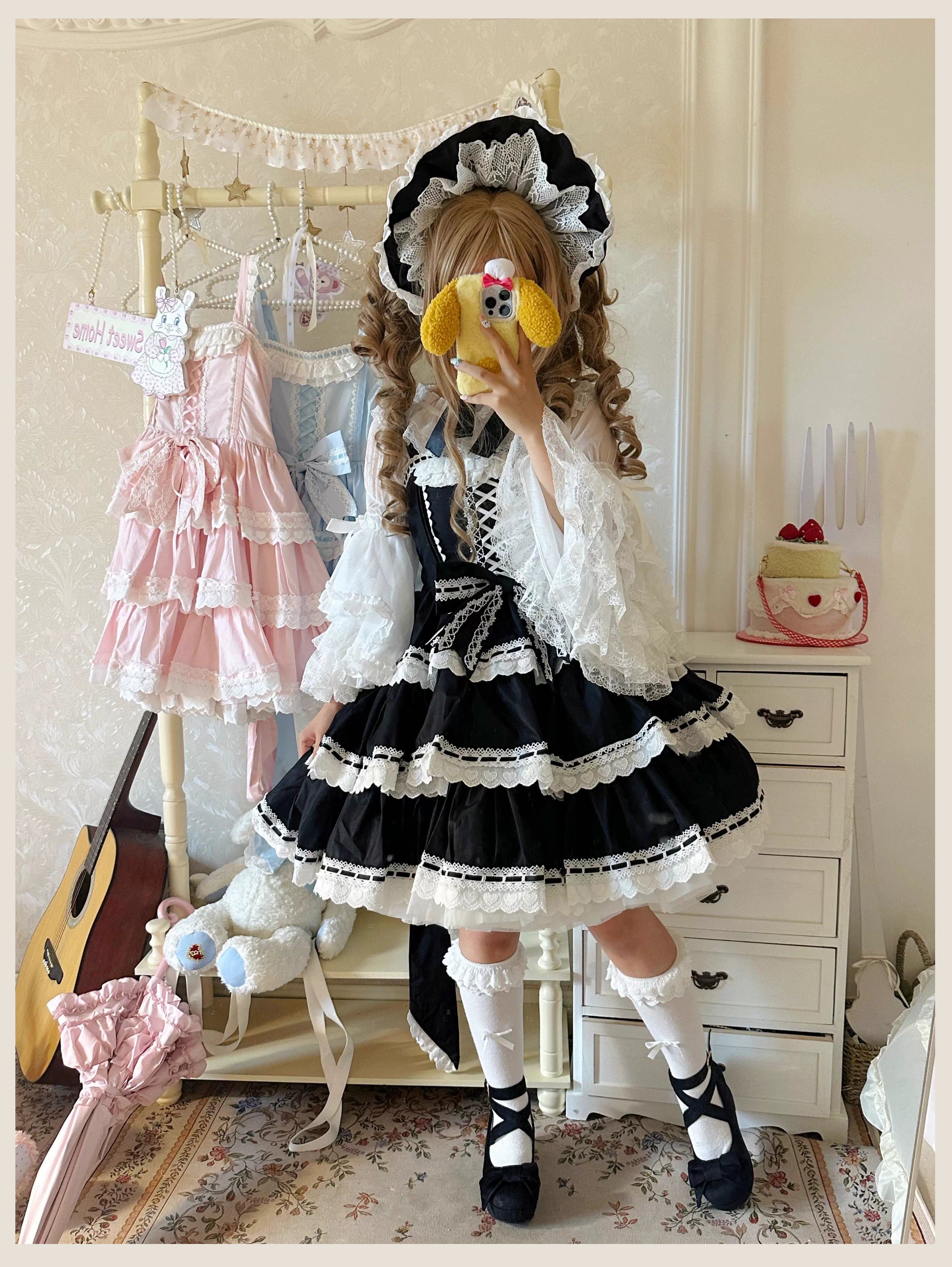Otome Heart - Cotton Old School Lolita JSK Dress Suit, Heart-Shaped Lace Trim 43381:774537