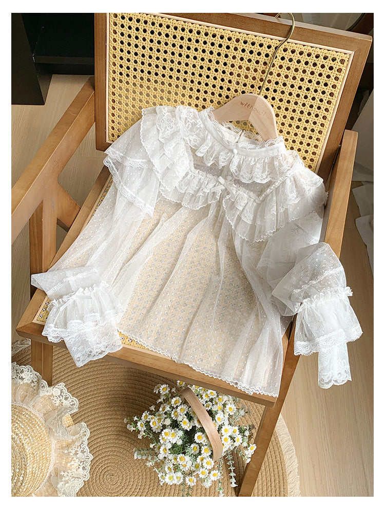 With PUJI~Letters and Poems~Summer Classic Lolita Shirt with Dotted Tulle and Long Sleeve 42792:753888