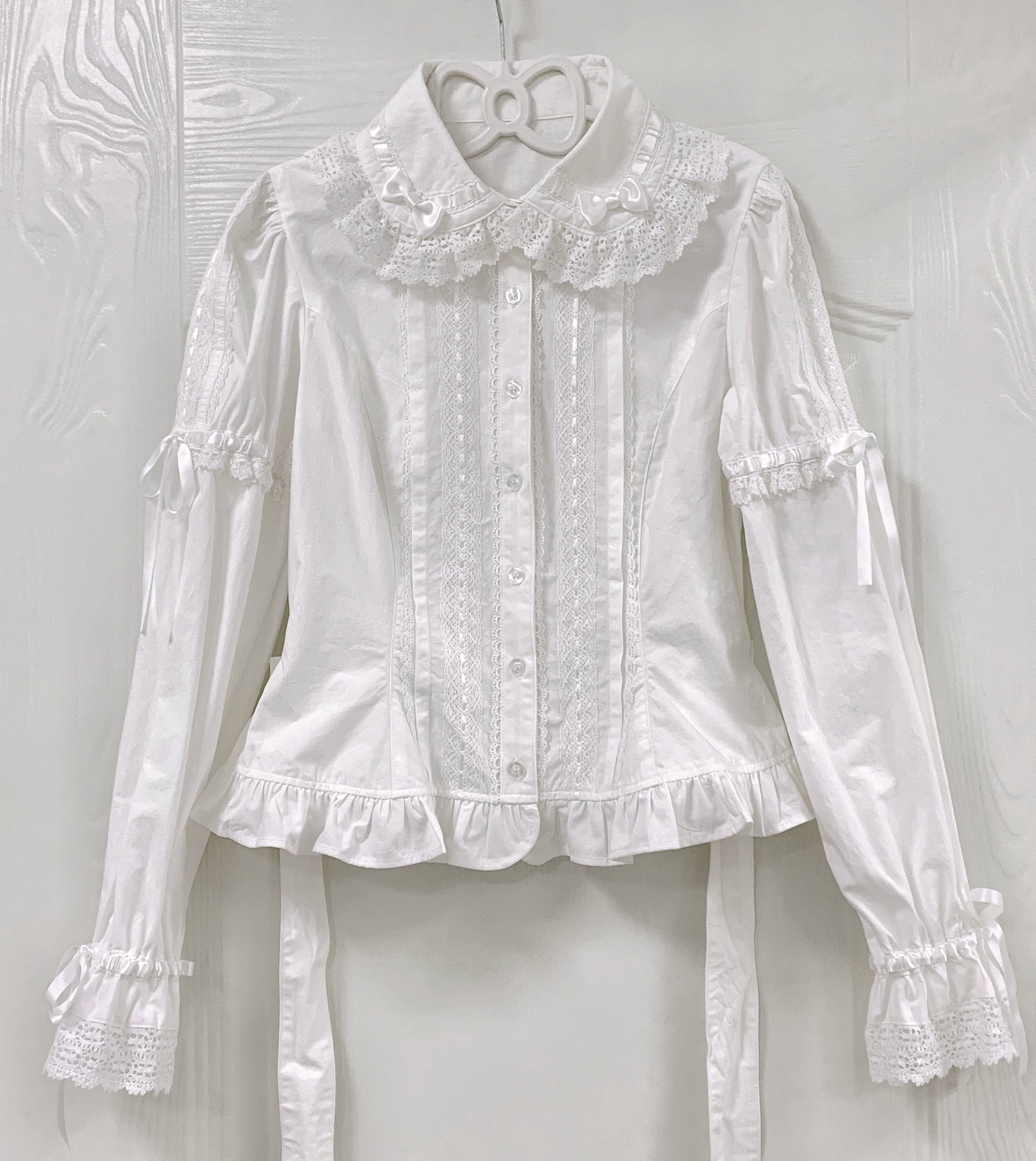 Bunny's Wish - Cotton Sweet Lolita Blouse, Long Sleeve White Blouse (Faux Raglan Sleeve) XS